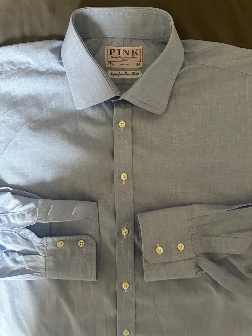 Thomas Pink London Superfine Two-Fold Light Blue Men's Dress Shirt Size 17.5-34